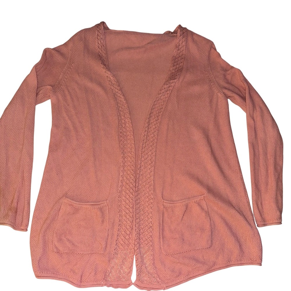 Sahalie Coral Pink Linen Cotton Knit Open Front Cardigan Sweater Lace Pockets